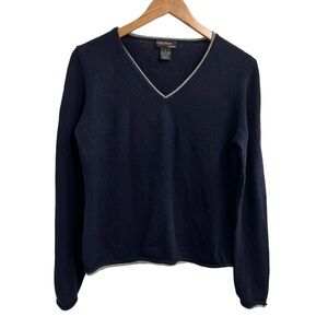 EVELYN GRACE 100% Cashmere Navy Blue V-Neck Sweater Large